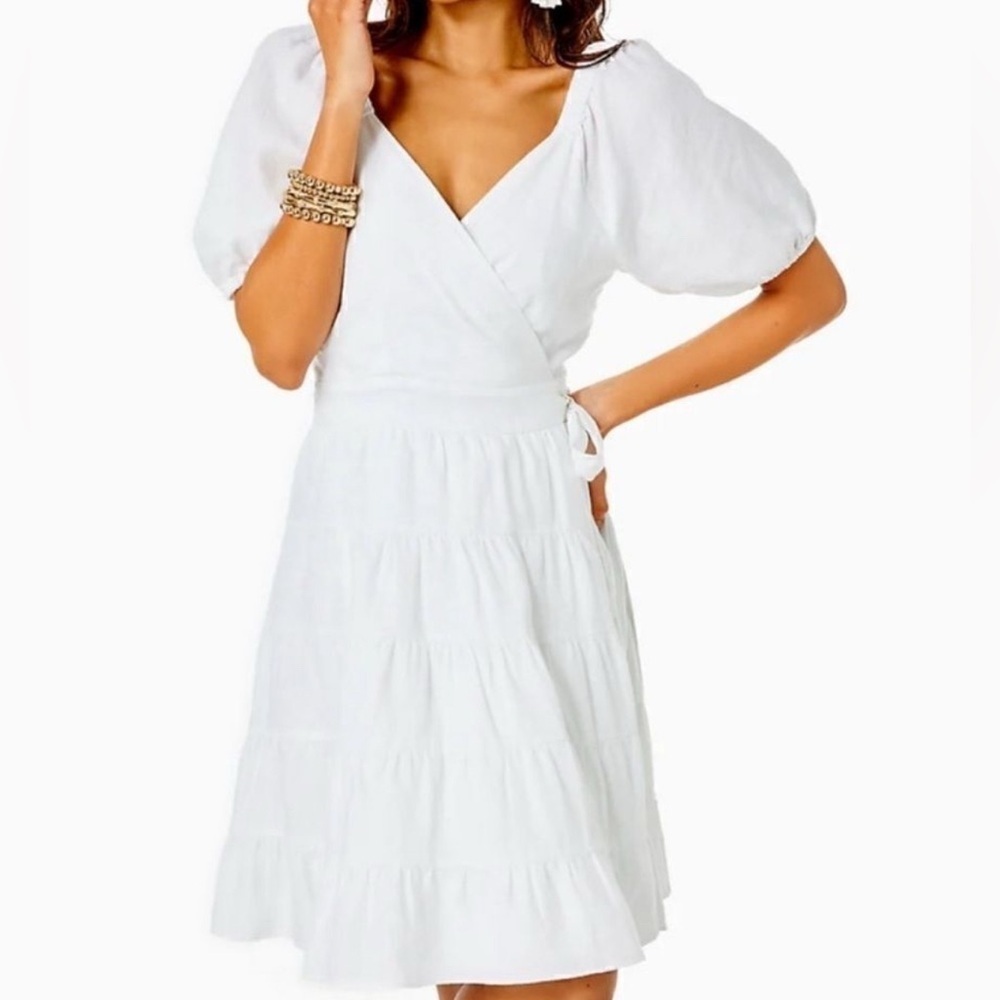 Lilly Pulitzer Iralee Short Sleeve White Wrap Linen Fit & Flare Dress Sz 10 NWT